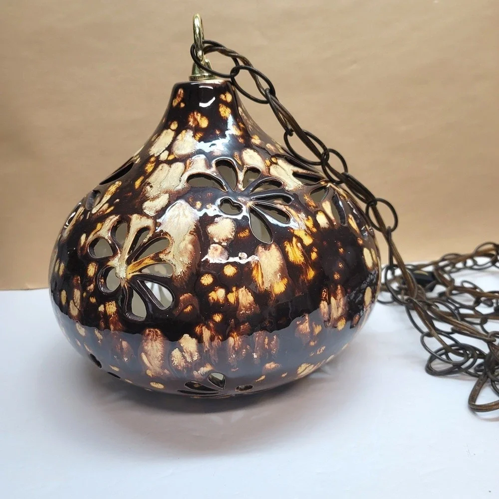 Vintage Handmade Ceramic Swag Lamp Brown‎ Drip Glaze Floral Cutout Pendant Light